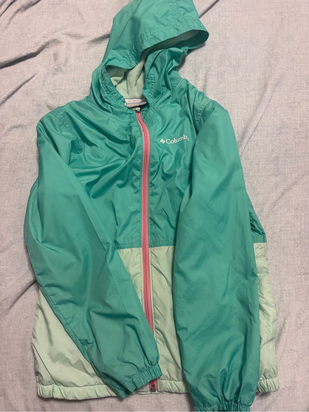 Columbia Teal and Mint Hooded Kids Jacket with Pink Zipper